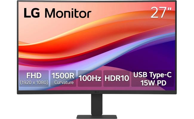 LG 27U421A-B 27'' FHD curved monitor with 100Hz refresh rate and USB-C port.
